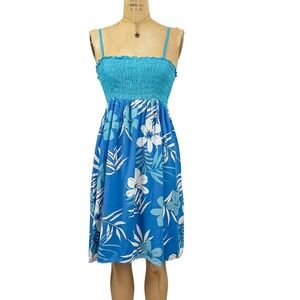 Y2K Tropical Smocked Hibiscus Mini Dress Blue Floral Summer Beachy Coastal S